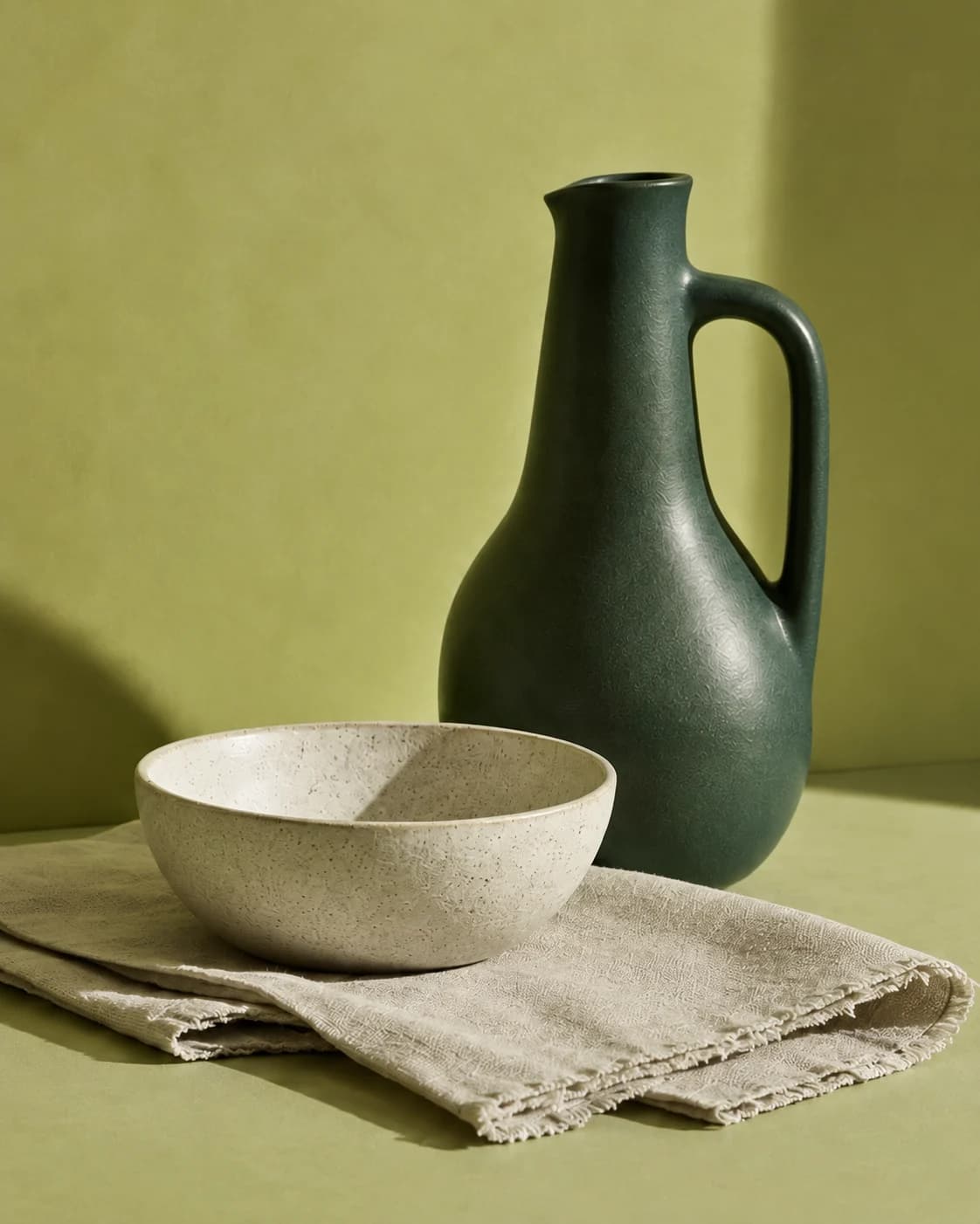 Forest-green ceramic pitcher beside a speckled bowl on folded beige linen